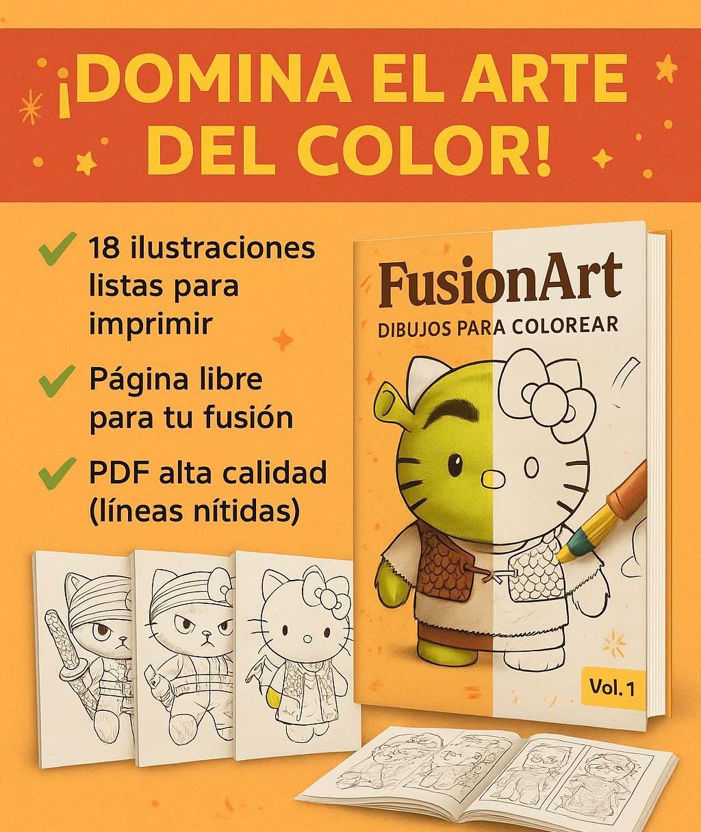 FusionArt Vol. 1: 18 ilustraciones para imprimir, una página libre y PDF para colorear