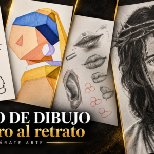 Collage de dibujos de Zárate Arte: gatito, figuras geométricas, estudios del rostro y retrato de Jesús