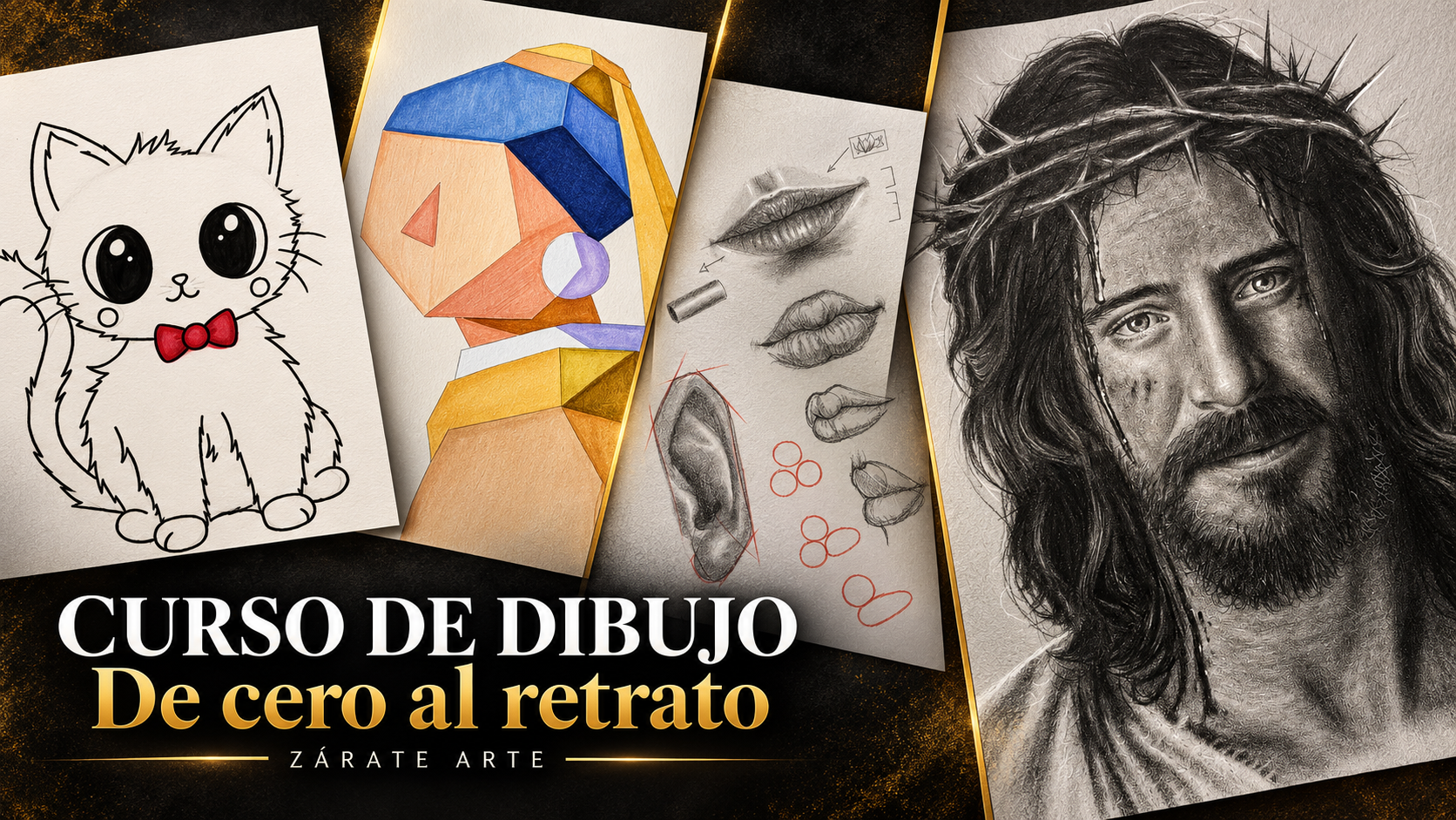 Curso de dibujo de Zárate Arte: collage de gatito, dibujo geométrico, estudios del rostro y retrato de Jesús